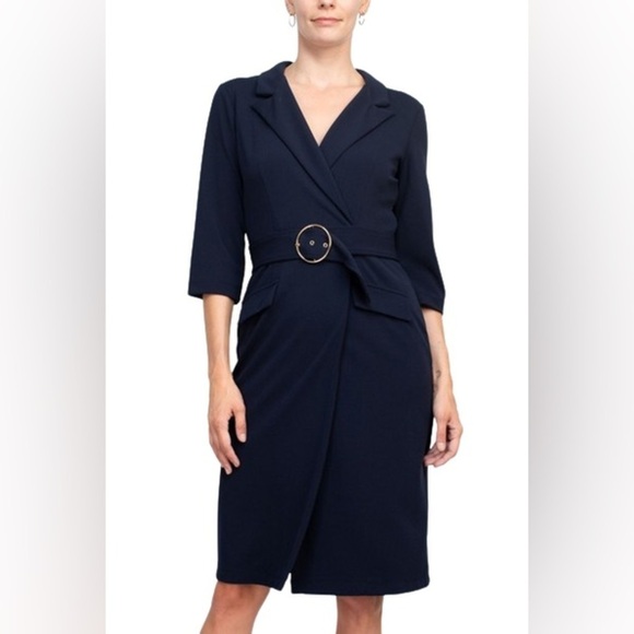 NWT Sharagano Notched Collar 3/4 Sleeve Solid Belted Stretch Crepe Dress Navy - Picture 13 of 13